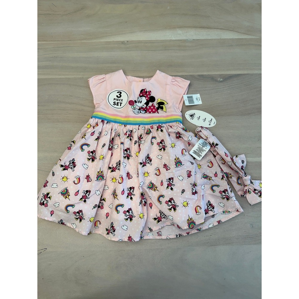Disney Minnie Mouse Baby Girl 3 Piece Set Dress Bloomers Headband Pink 12M NWT